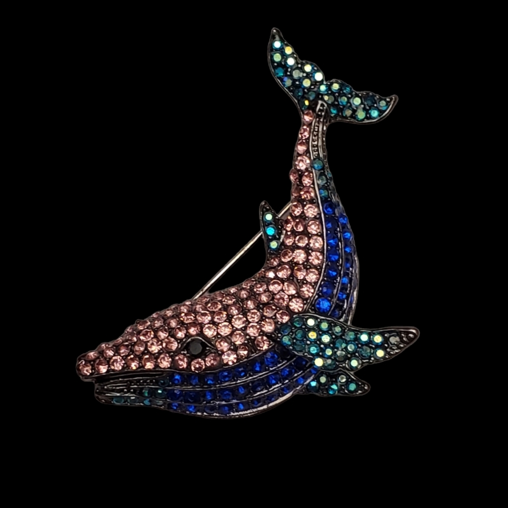 Rhinestone Crystal Nautical Whale Metal Brooch Pendant